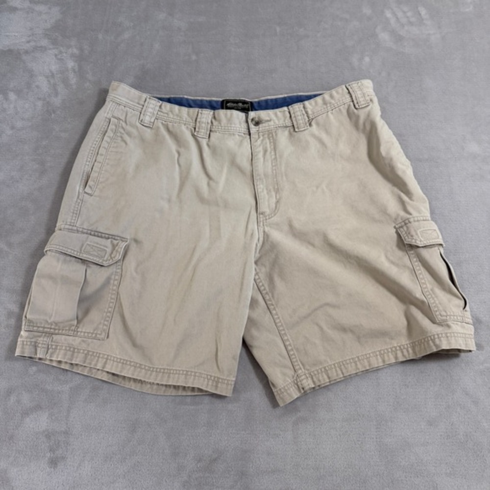 Vintage Eddie Bauer Khaki Cargo Shorts Mens 42 Relaxed Fit‎ Tan Cotton Twill 9in